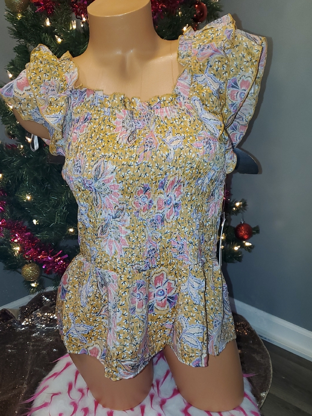 Nanette Lepore Mustard Floral Smocked Ruffle Peplum Top NWT